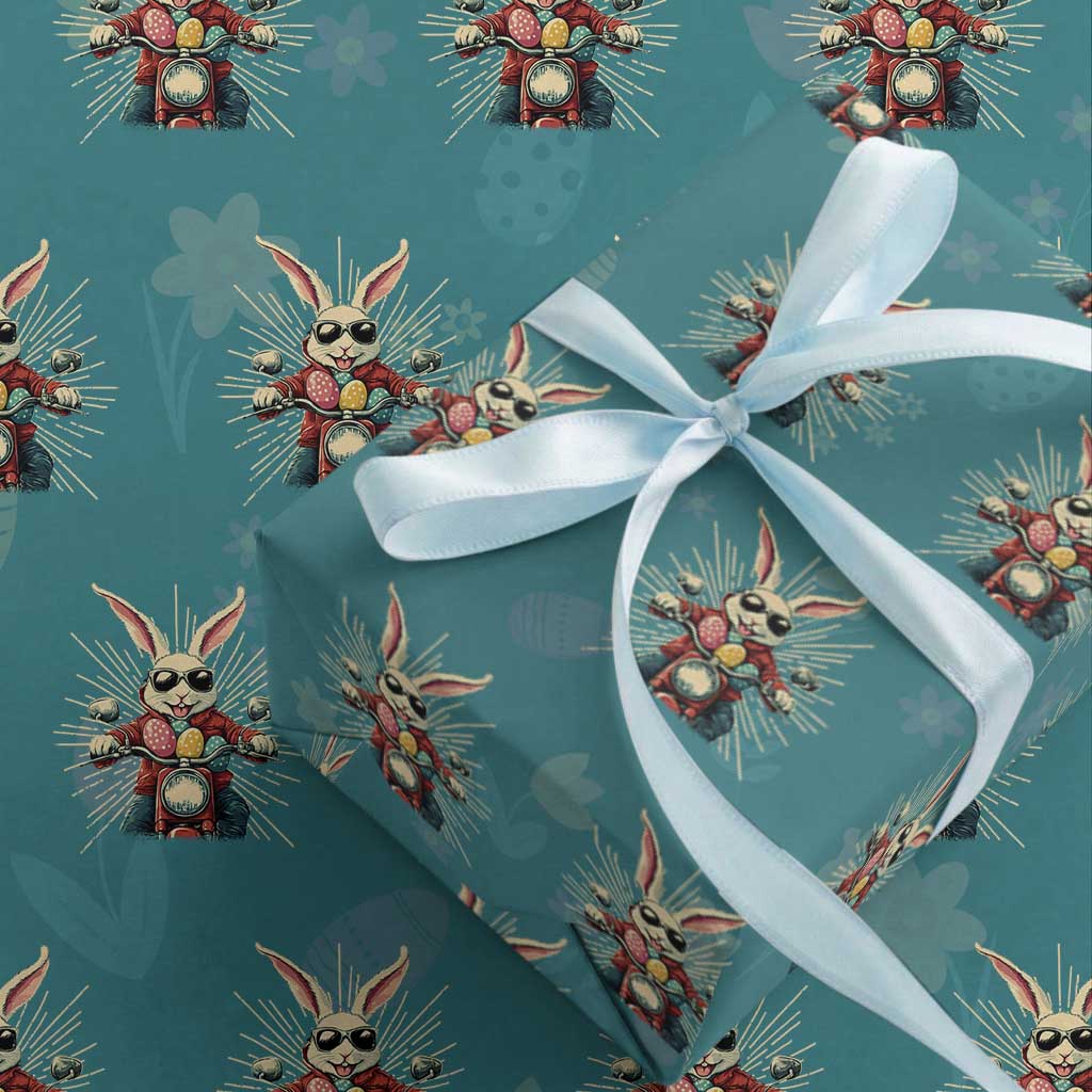 Biker Bunny Wrapping Paper Roll Retro Easter Day Rabbit Ride Motorcycles Motorbike