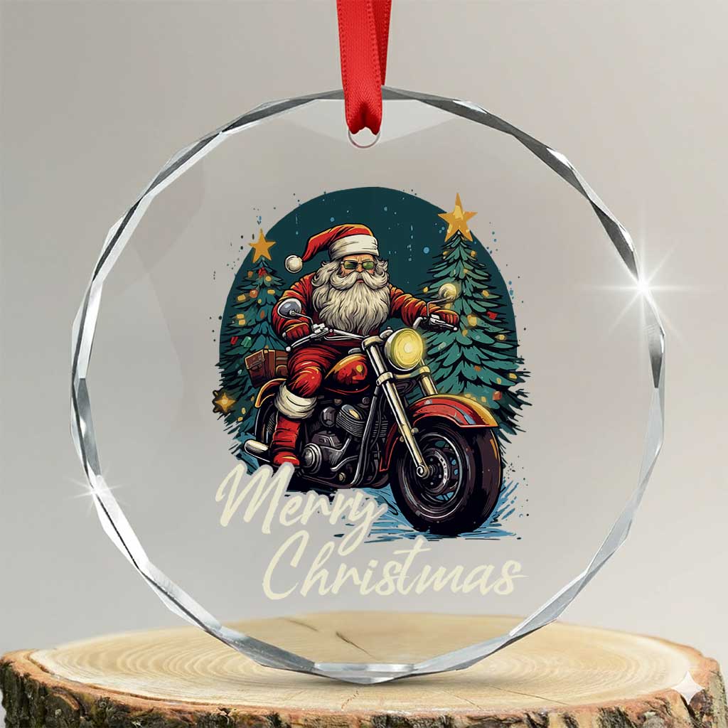 Biker Santa Claus Crystal Glass Ornament Merry Xmas Riding Motorcycle - Wonder Print Shop