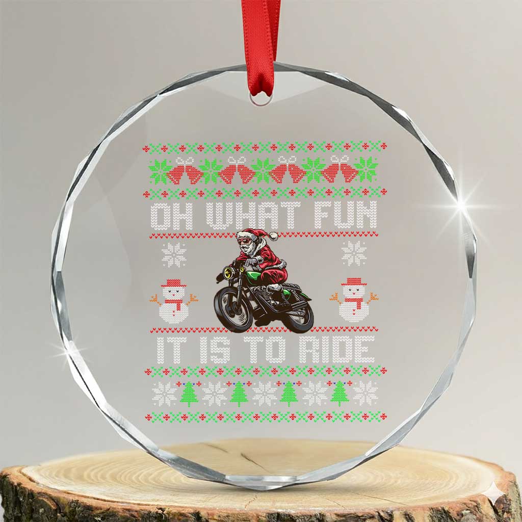 Biker Santa Claus Crystal Glass Ornament Oh What Fun It Is To Ride Motorcycle Christmas Ugly Sweater - Wonder Print Shop