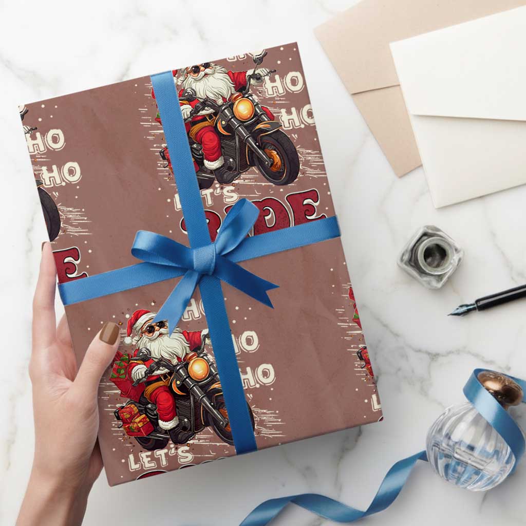 Biker Santa Claus Wrapping Paper Roll Ho Ho Ho Let's Ride Xmas