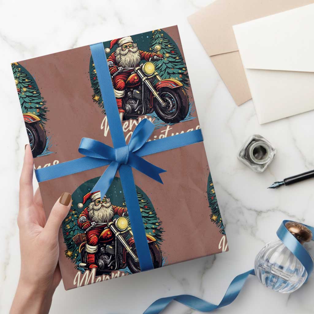 Biker Santa Claus Wrapping Paper Roll Merry Xmas Riding Motorcycle