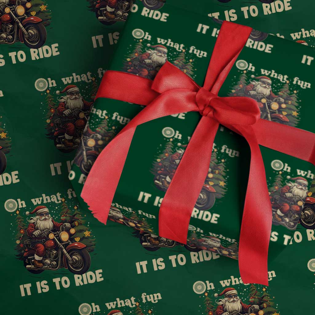 Biker Santa Claus Wrapping Paper Roll Oh What Fun It Is To Ride Motorcycle Xmas Tree