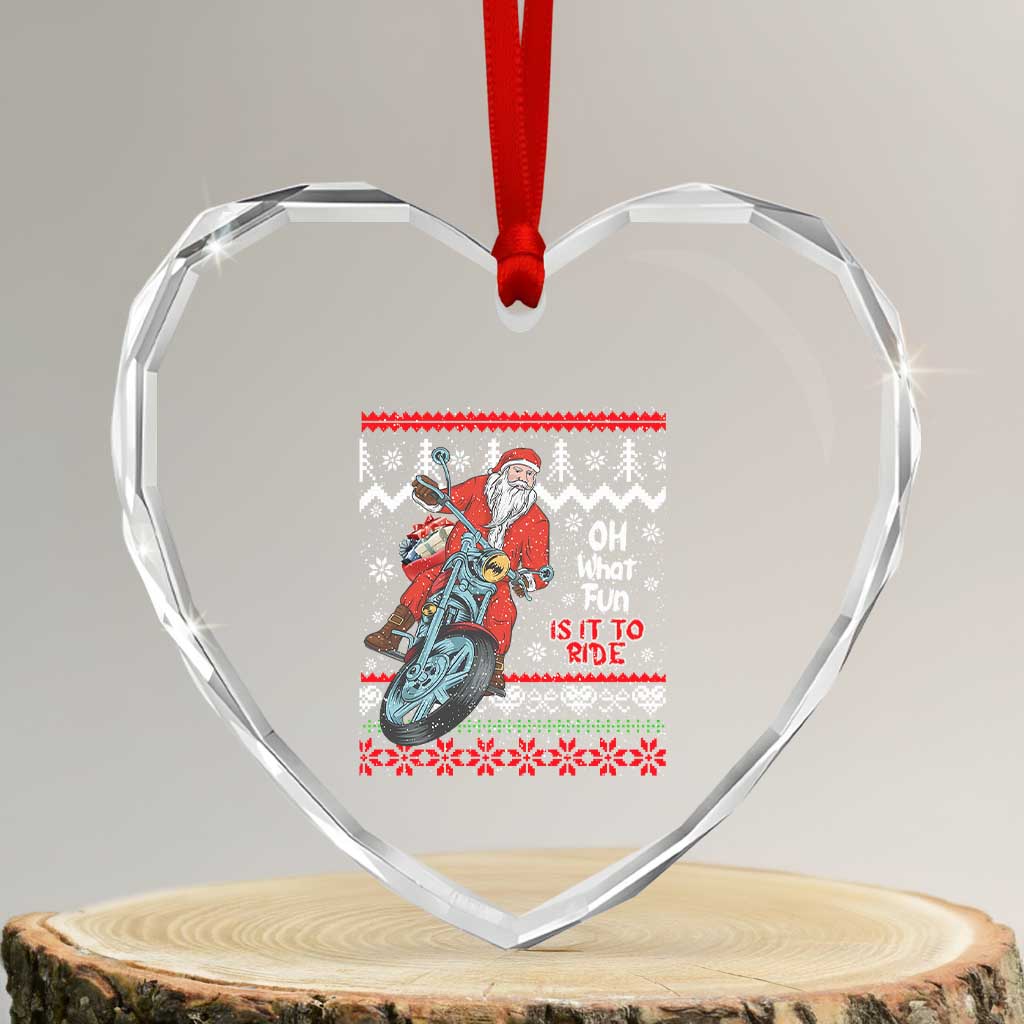 Biker Santa Claus Heart Crystal Glass Ornament Christmas Motorcycle Oh What Fun It Is To Ride Ugly Sweater - Wonder Print Shop