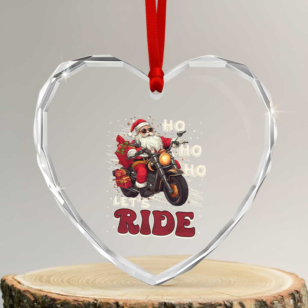 Biker Santa Claus Heart Crystal Glass Ornament Ho Ho Ho Let's Ride Xmas - Wonder Print Shop