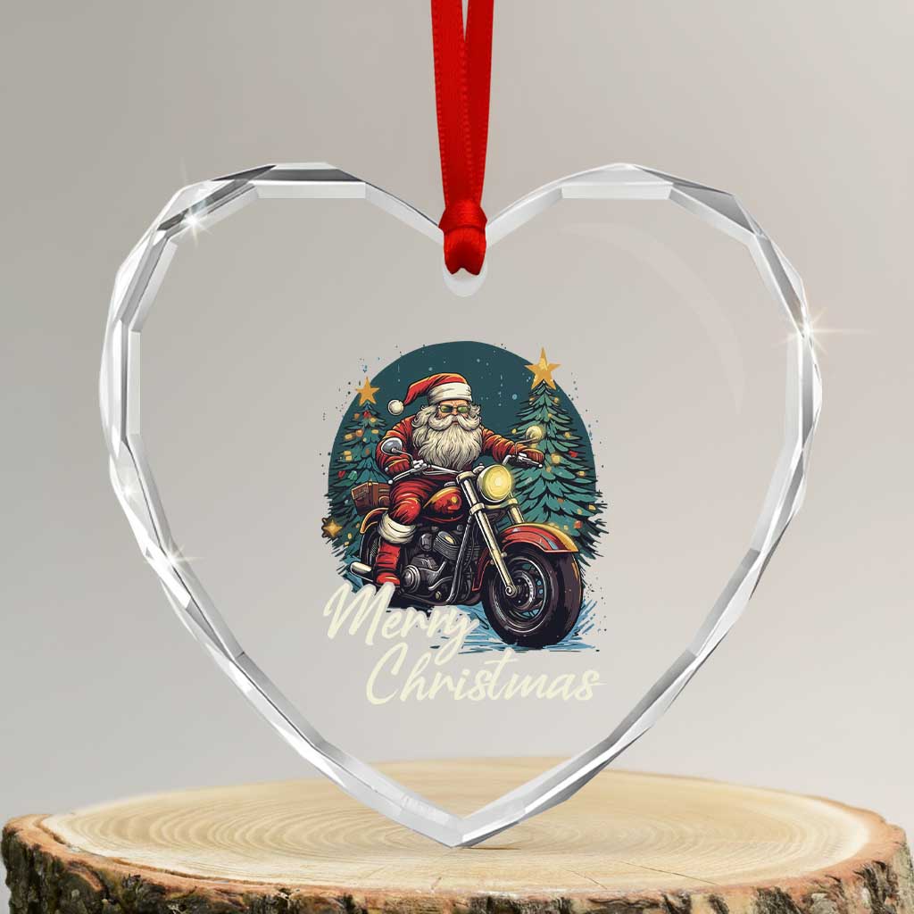 Biker Santa Claus Heart Crystal Glass Ornament Merry Xmas Riding Motorcycle - Wonder Print Shop