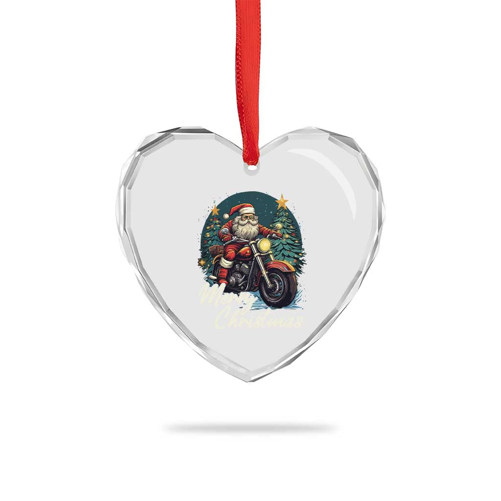 Biker Santa Claus Heart Crystal Glass Ornament Merry Xmas Riding Motorcycle - Wonder Print Shop