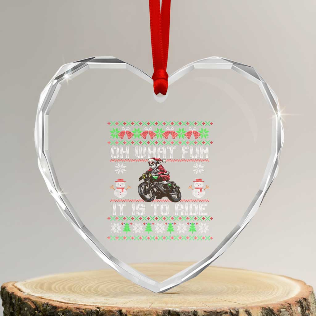 Biker Santa Claus Heart Crystal Glass Ornament Oh What Fun It Is To Ride Motorcycle Christmas Ugly Sweater - Wonder Print Shop