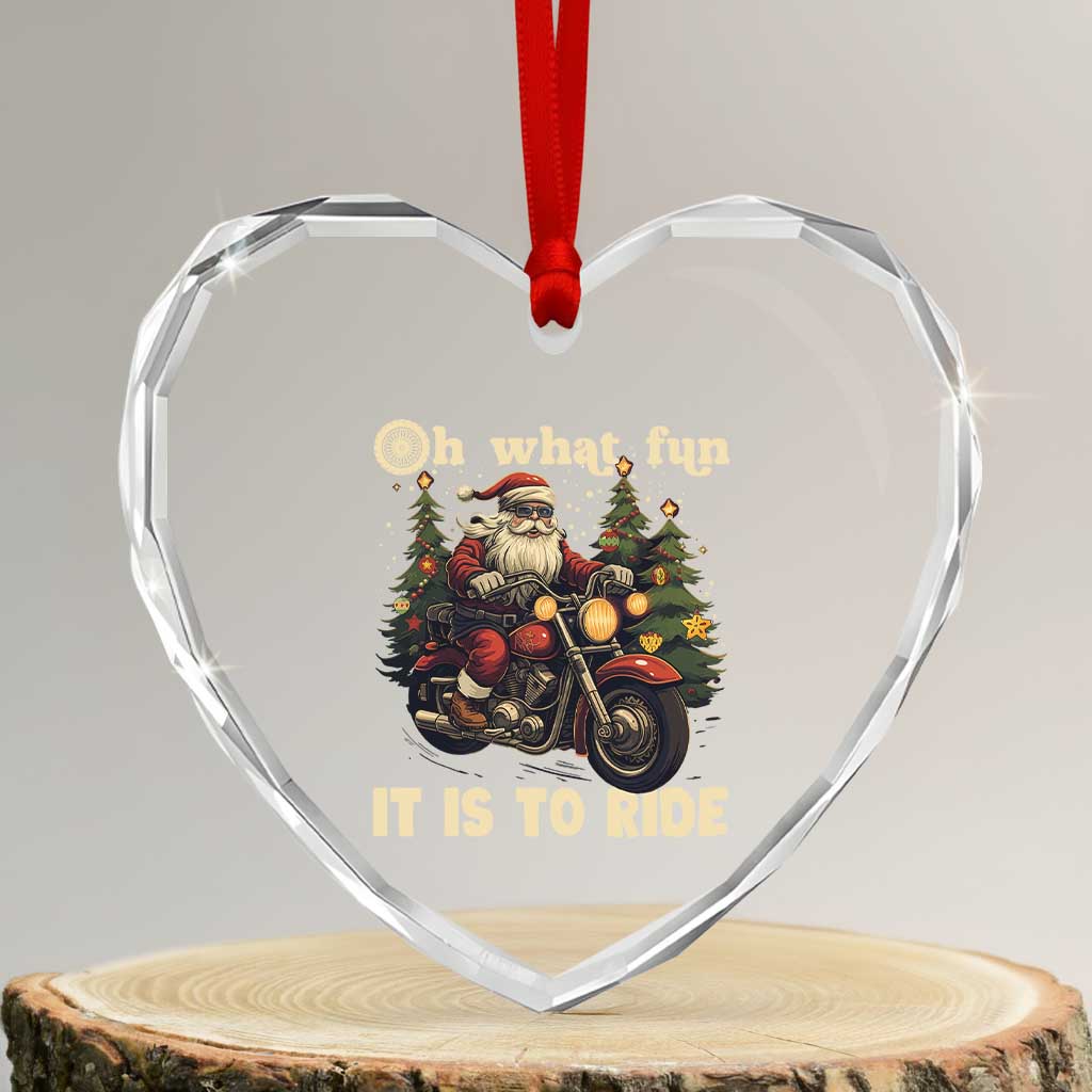 Biker Santa Claus Heart Crystal Glass Ornament Oh What Fun It Is To Ride Motorcycle Xmas Tree - Wonder Print Shop