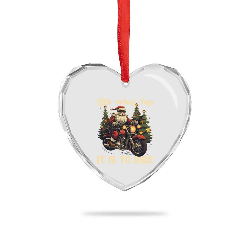 Biker Santa Claus Heart Crystal Glass Ornament Oh What Fun It Is To Ride Motorcycle Xmas Tree - Wonder Print Shop