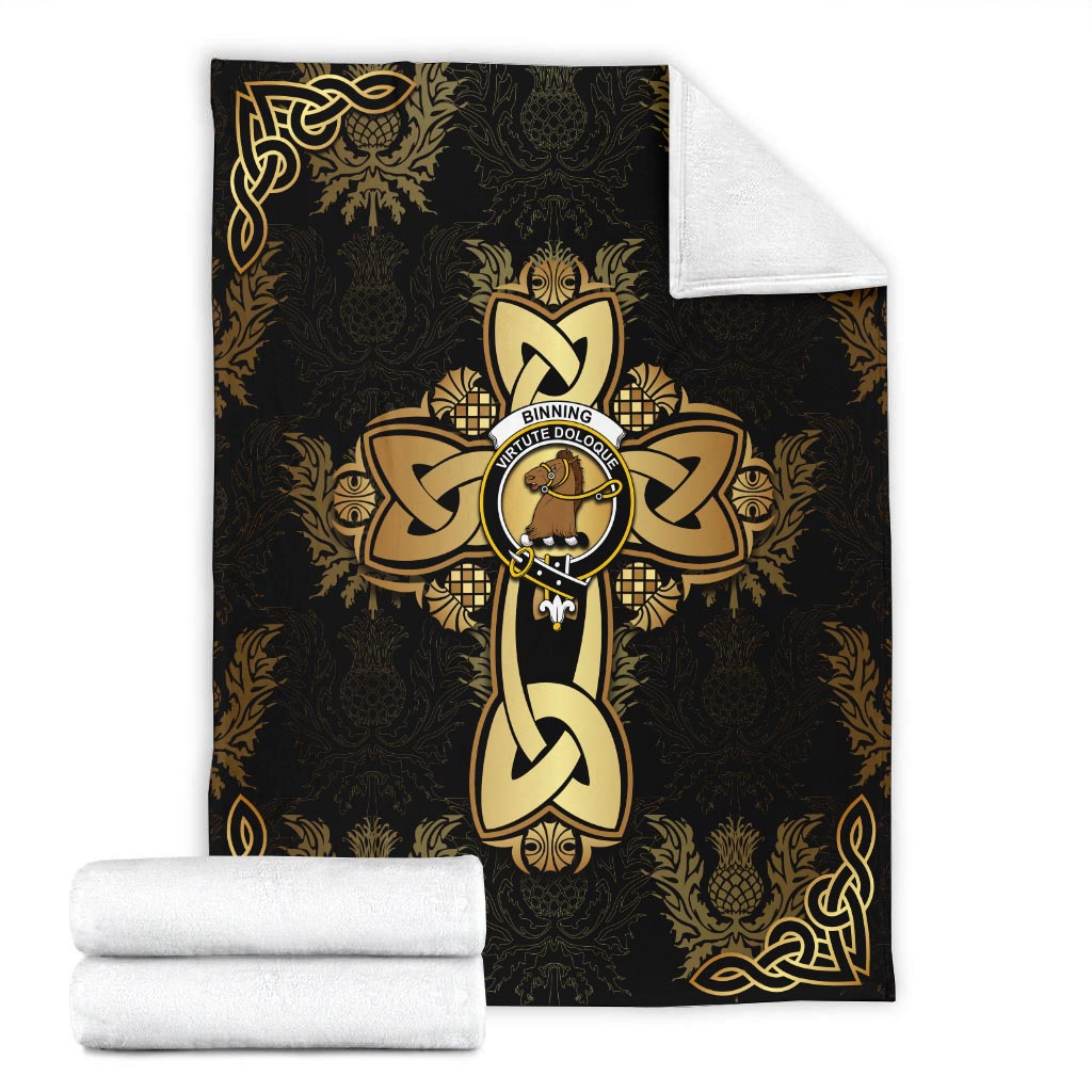 binning-clan-crest-golden-celtic-cross-thistle-style-blanket