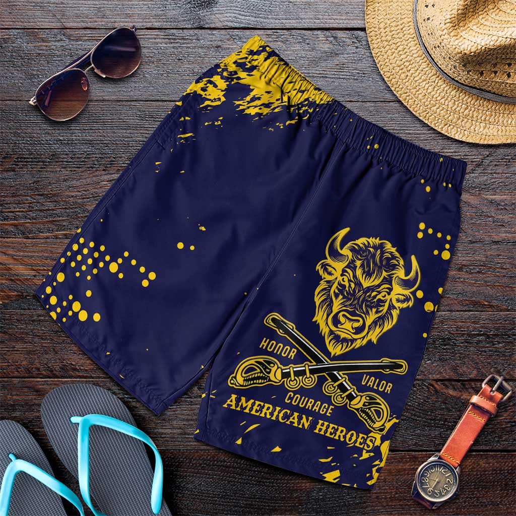 Bison Buffalo Soldiers Shorts for Men American Heroes Blue Grunge Style - Wonder Print Shop