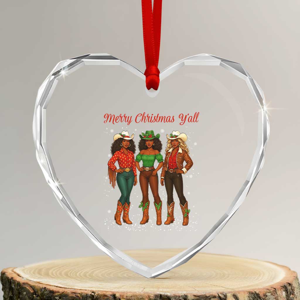 Black African American Cowgirl Christmas Heart Crystal Glass Ornament Retro Western Howdy - Wonder Print Shop