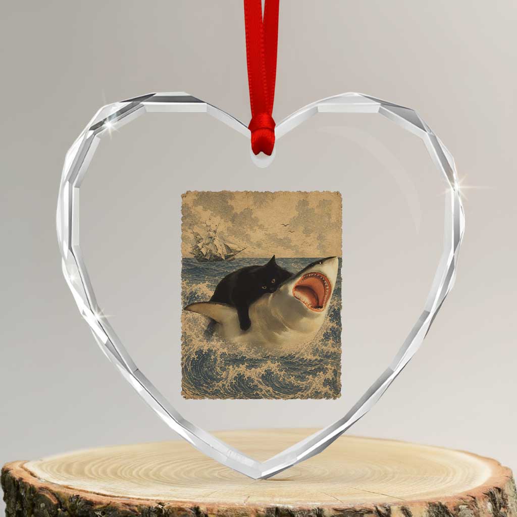 Black Cat Biting Shark Anime Graphic Japanese Heart Crystal Glass Ornament Vintage Graphic Ukiyo-e Art