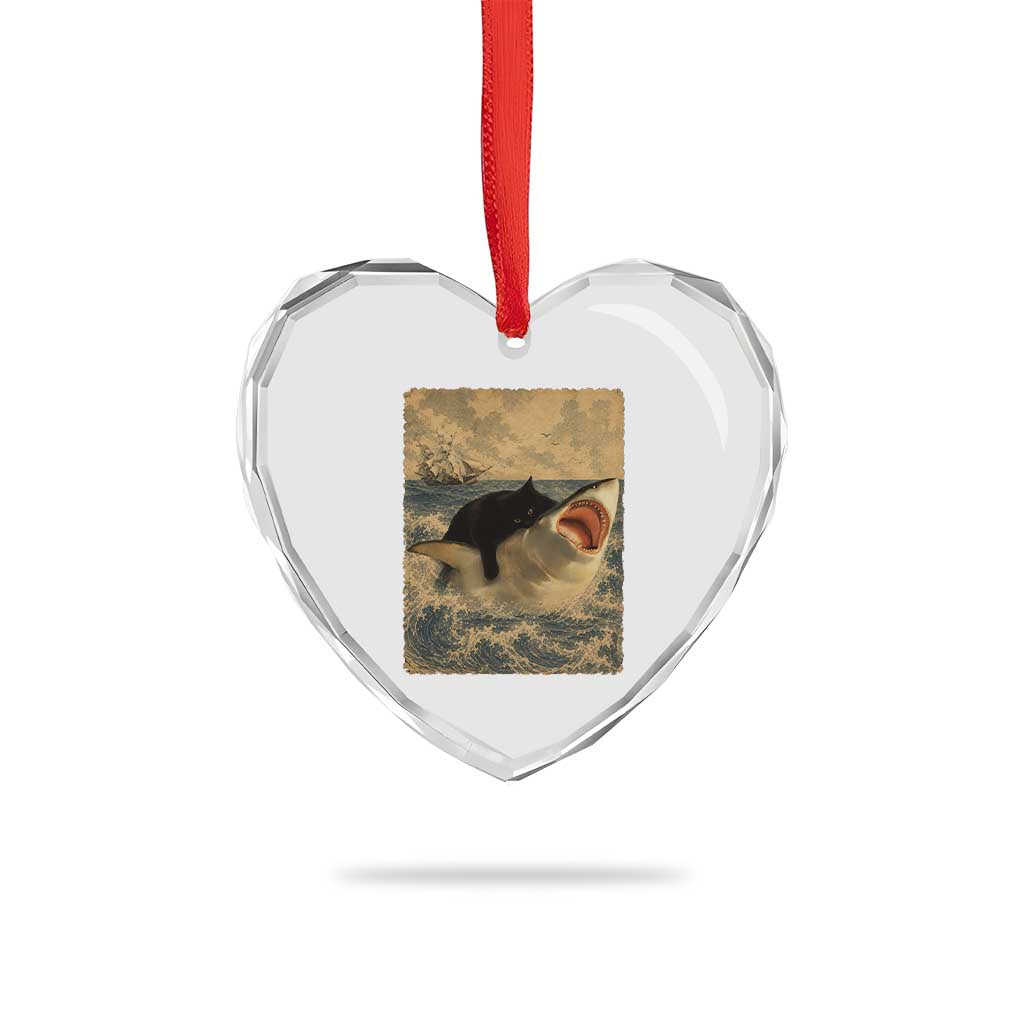 Black Cat Biting Shark Anime Graphic Japanese Heart Crystal Glass Ornament Vintage Graphic Ukiyo-e Art
