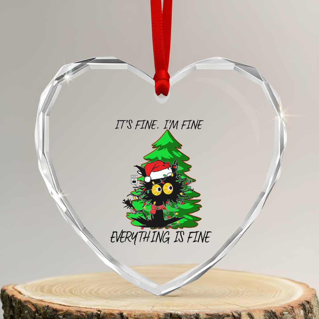 Black Cat Christmas Heart Crystal Glass Ornament It's Fine I'm Fine Everthing Is Fine Funny Xmas - Wonder Print Shop