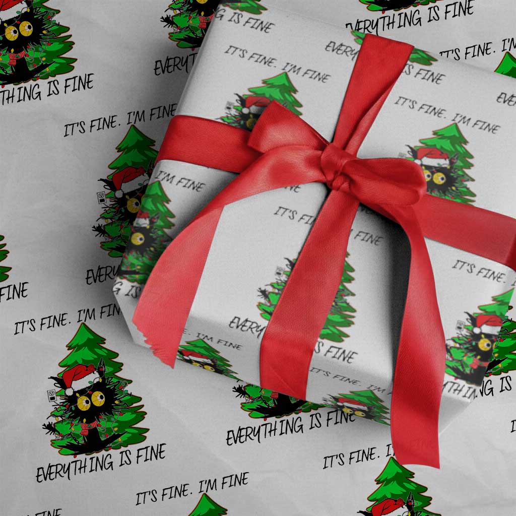 Black Cat Christmas Wrapping Paper Roll It's Fine I'm Fine Everthing Is Fine Funny Xmas