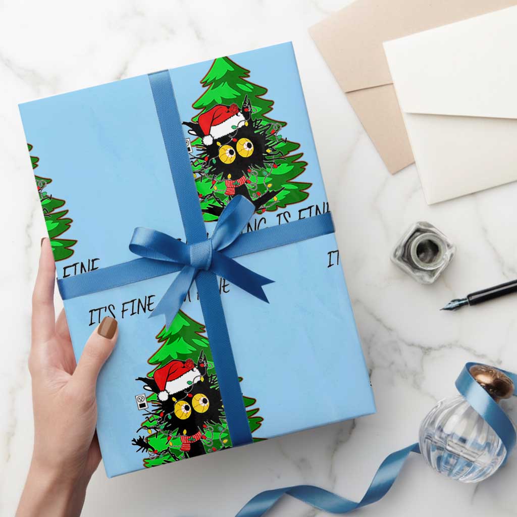 Black Cat Christmas Wrapping Paper Roll It's Fine I'm Fine Everthing Is Fine Funny Xmas