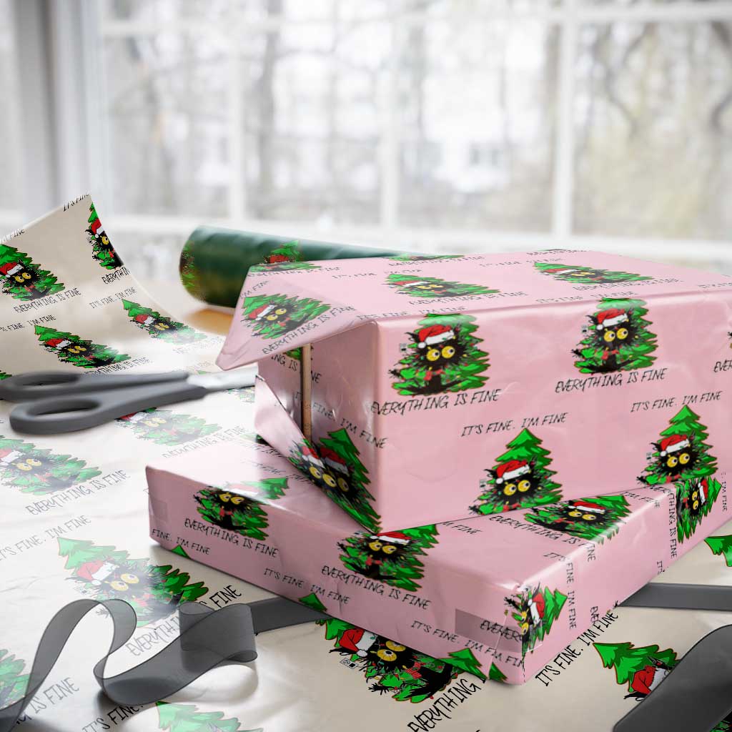 Black Cat Christmas Wrapping Paper Roll It's Fine I'm Fine Everthing Is Fine Funny Xmas