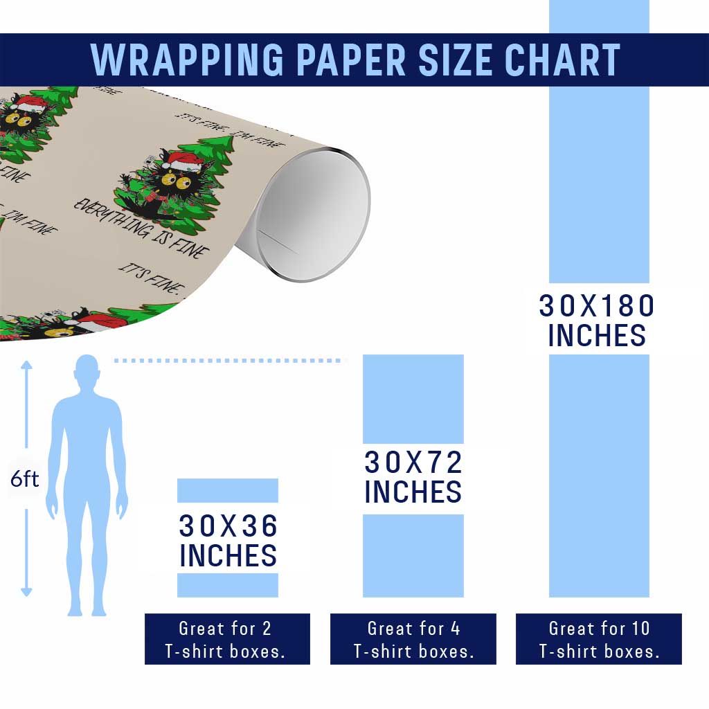 Black Cat Christmas Wrapping Paper Roll It's Fine I'm Fine Everthing Is Fine Funny Xmas