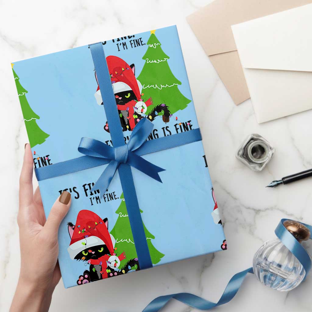 Black Cat Christmas Wrapping Paper Roll It's Fine I'm Fine Everything Is Fine