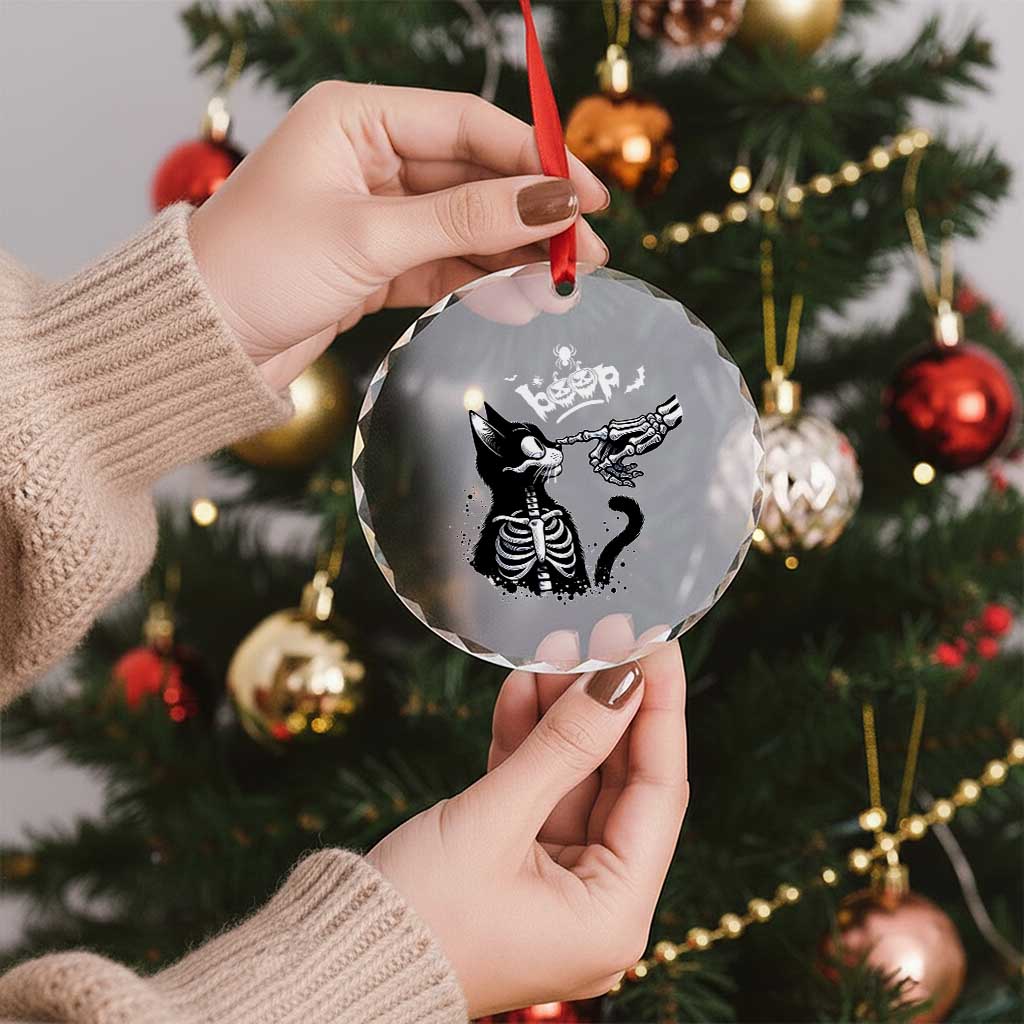 Black Cat Halloween Crystal Glass Ornament Skeleton Hand Boop - Wonder Print Shop