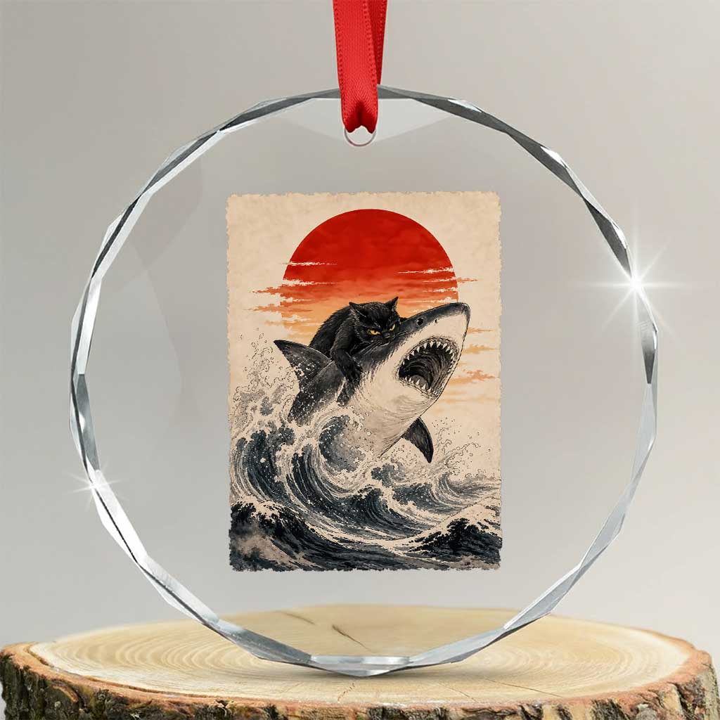 Black Cat Hunting Shark Ukiyo e Ocean Art Crystal Glass Ornament Funny Japanese Style Graphic