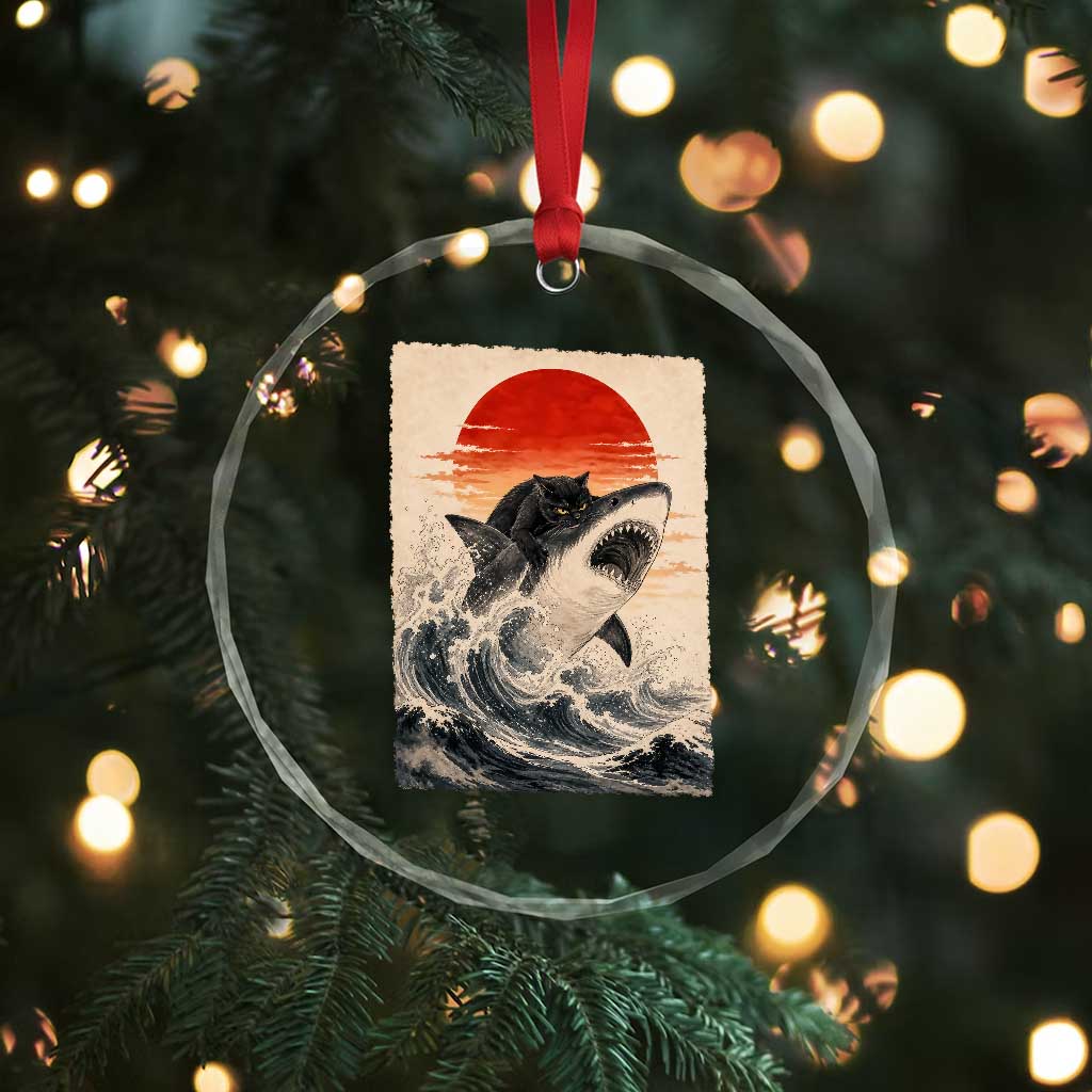 Black Cat Hunting Shark Ukiyo e Ocean Art Crystal Glass Ornament Funny Japanese Style Graphic