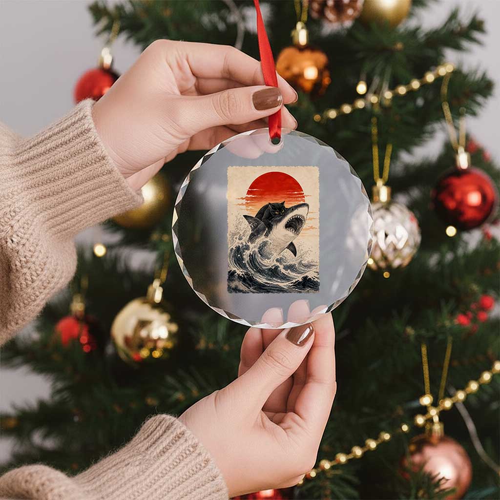 Black Cat Hunting Shark Ukiyo e Ocean Art Crystal Glass Ornament Funny Japanese Style Graphic