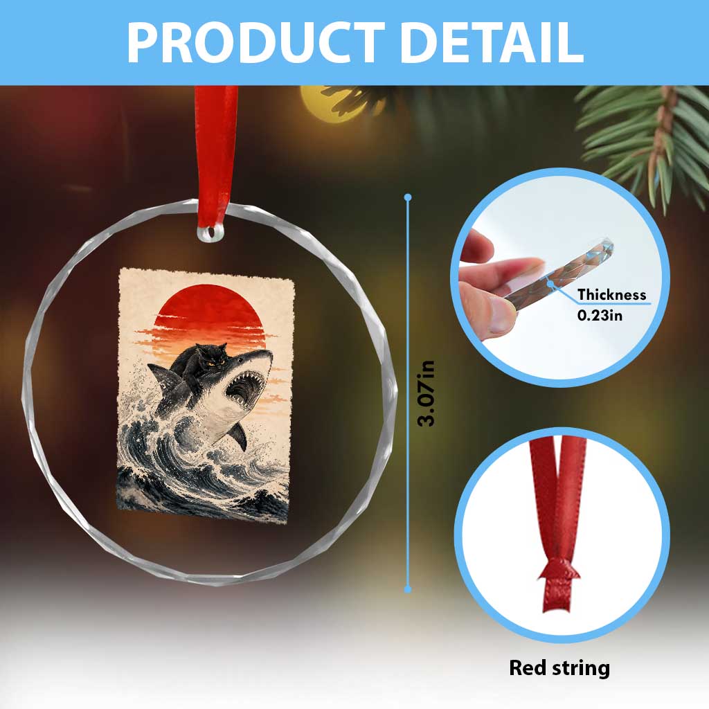 Black Cat Hunting Shark Ukiyo e Ocean Art Crystal Glass Ornament Funny Japanese Style Graphic