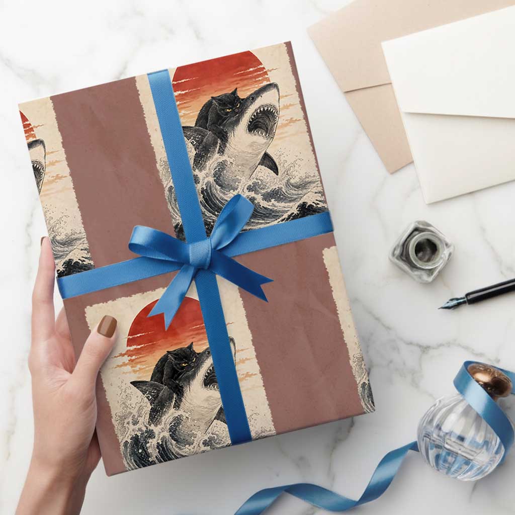 Black Cat Hunting Shark Ukiyo e Ocean Art Wrapping Paper Roll Funny Japanese Style Graphic