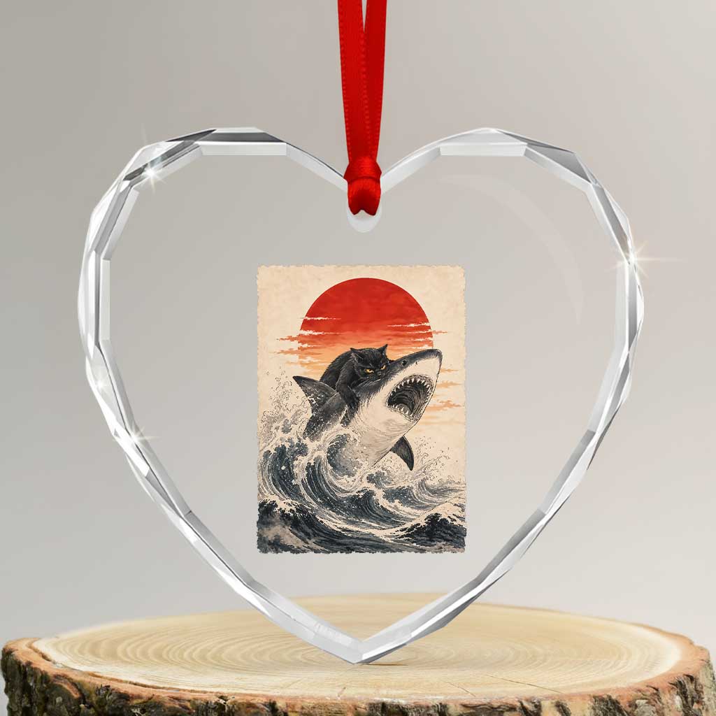 Black Cat Hunting Shark Ukiyo e Ocean Art Heart Crystal Glass Ornament Funny Japanese Style Graphic