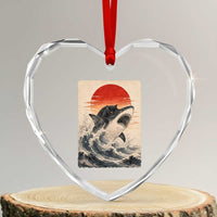 Black Cat Hunting Shark Ukiyo e Ocean Art Heart Crystal Glass Ornament Funny Japanese Style Graphic