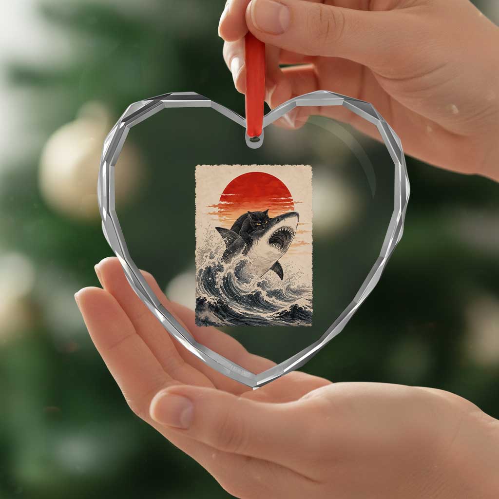 Black Cat Hunting Shark Ukiyo e Ocean Art Heart Crystal Glass Ornament Funny Japanese Style Graphic