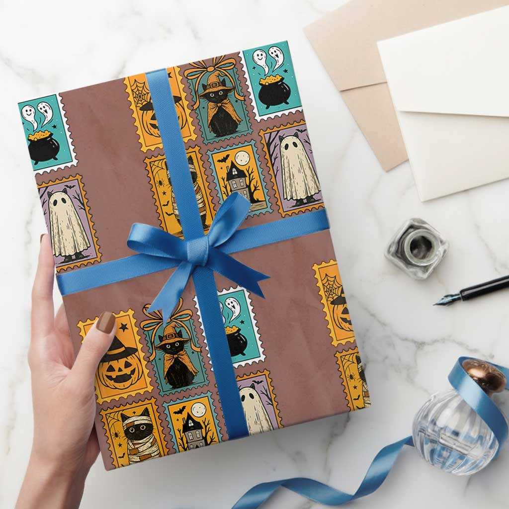 Black Cat Pumpkin Wrapping Paper Roll Retro Halloween Ghots Cat Stamp - Wonder Print Shop