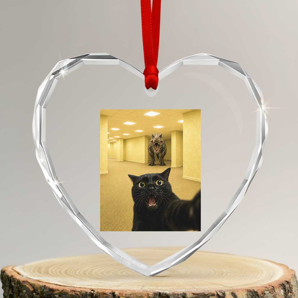 Black Cat Selfie with Dinosaur in The Backrooms Liminal Space Graphic Heart Crystal Glass Ornament Liminal Space Urban Legend Meme