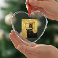 Black Cat Selfie with Dinosaur in The Backrooms Liminal Space Graphic Heart Crystal Glass Ornament Liminal Space Urban Legend Meme