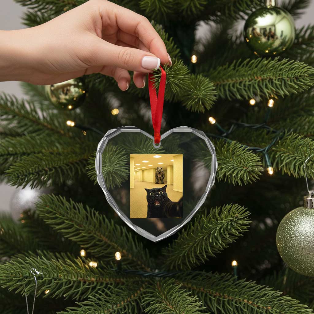 Black Cat Selfie with Dinosaur in The Backrooms Liminal Space Graphic Heart Crystal Glass Ornament Liminal Space Urban Legend Meme