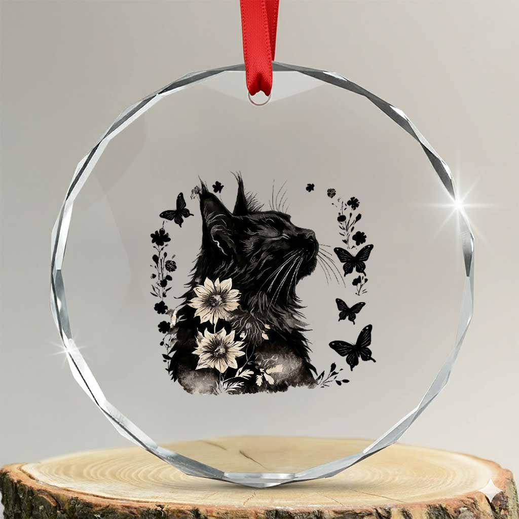 Black Maine Coon Cat Crystal Glass Ornament Floral Sunflower Watercolor Gift