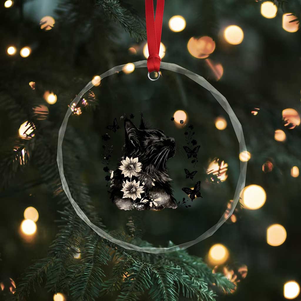 Black Maine Coon Cat Crystal Glass Ornament Floral Sunflower Watercolor Gift