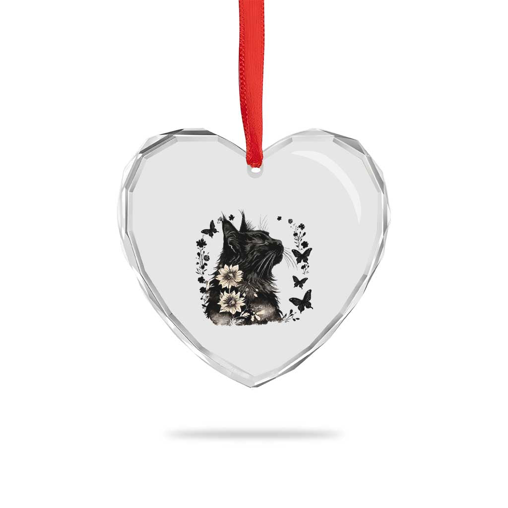 Black Maine Coon Cat Heart Crystal Glass Ornament Floral Sunflower Watercolor Gift