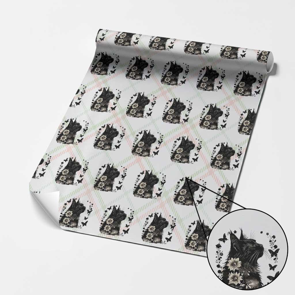 Black Maine Coon Cat Wrapping Paper Roll Floral Sunflower Watercolor Gift