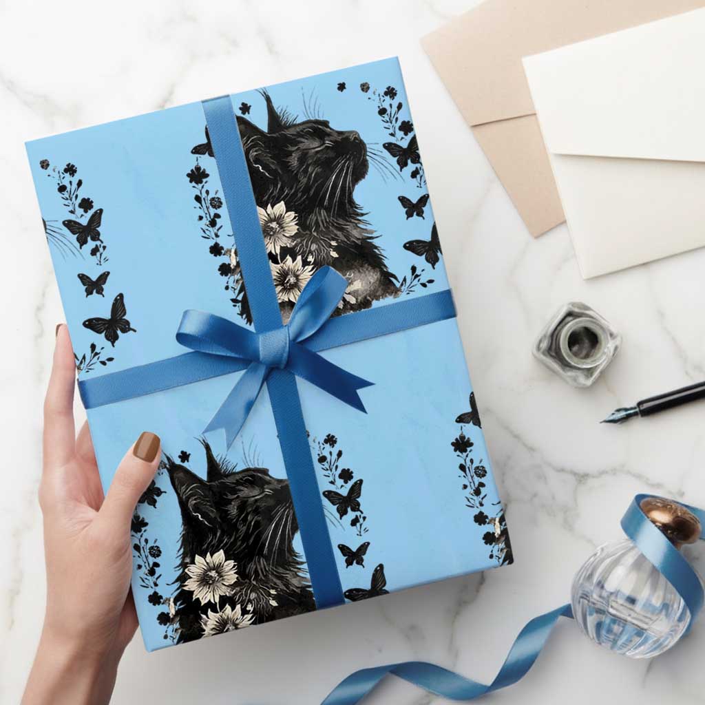 Black Maine Coon Cat Wrapping Paper Roll Floral Sunflower Watercolor Gift
