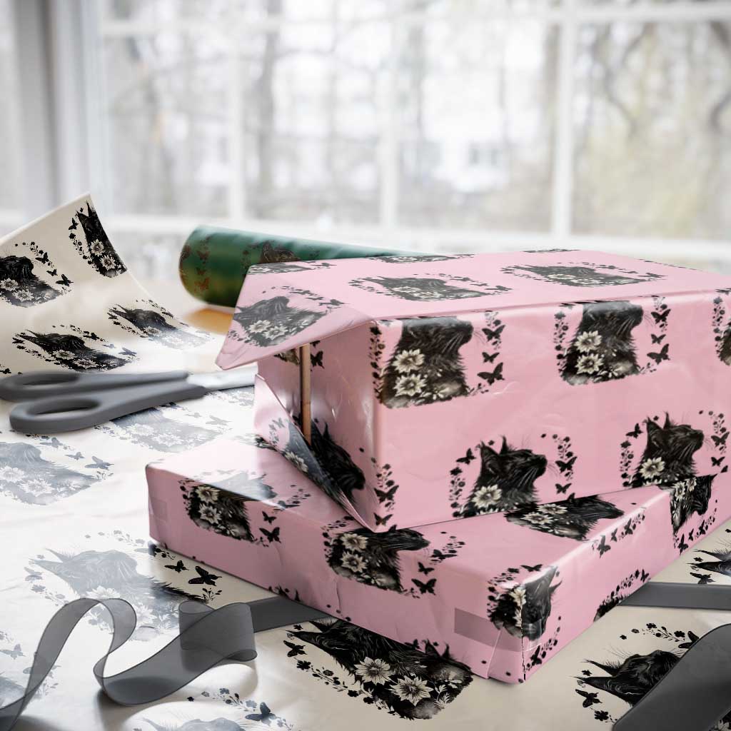 Black Maine Coon Cat Wrapping Paper Roll Floral Sunflower Watercolor Gift