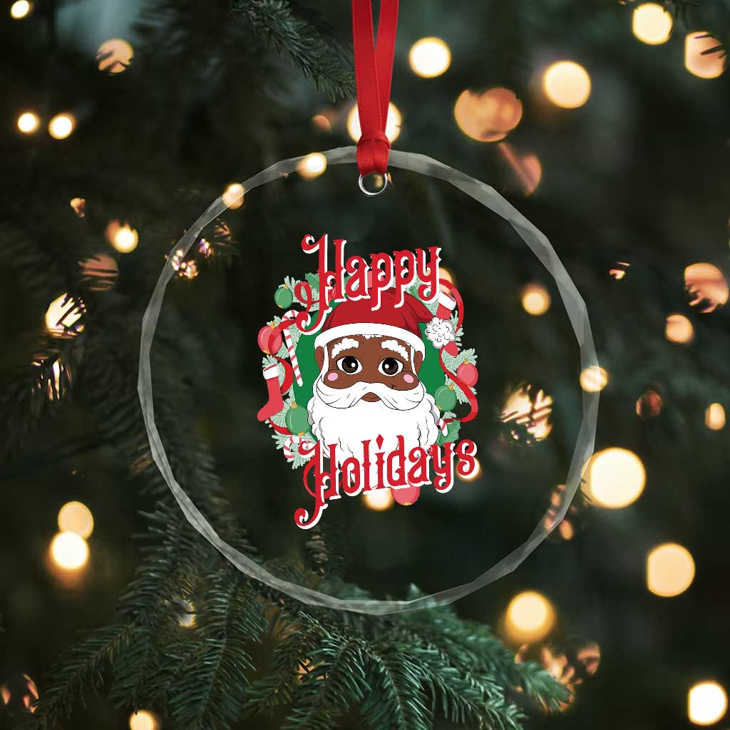 Black Santa Crystal Glass Ornament Happy Holidays African American Santa TS09