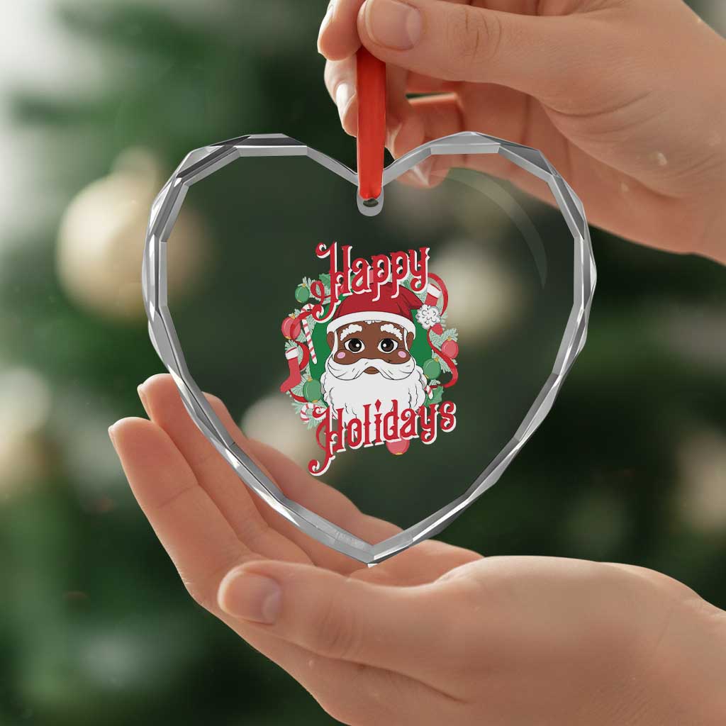 Black Santa Heart Crystal Glass Ornament Happy Holidays African American Santa - Wonder Print Shop