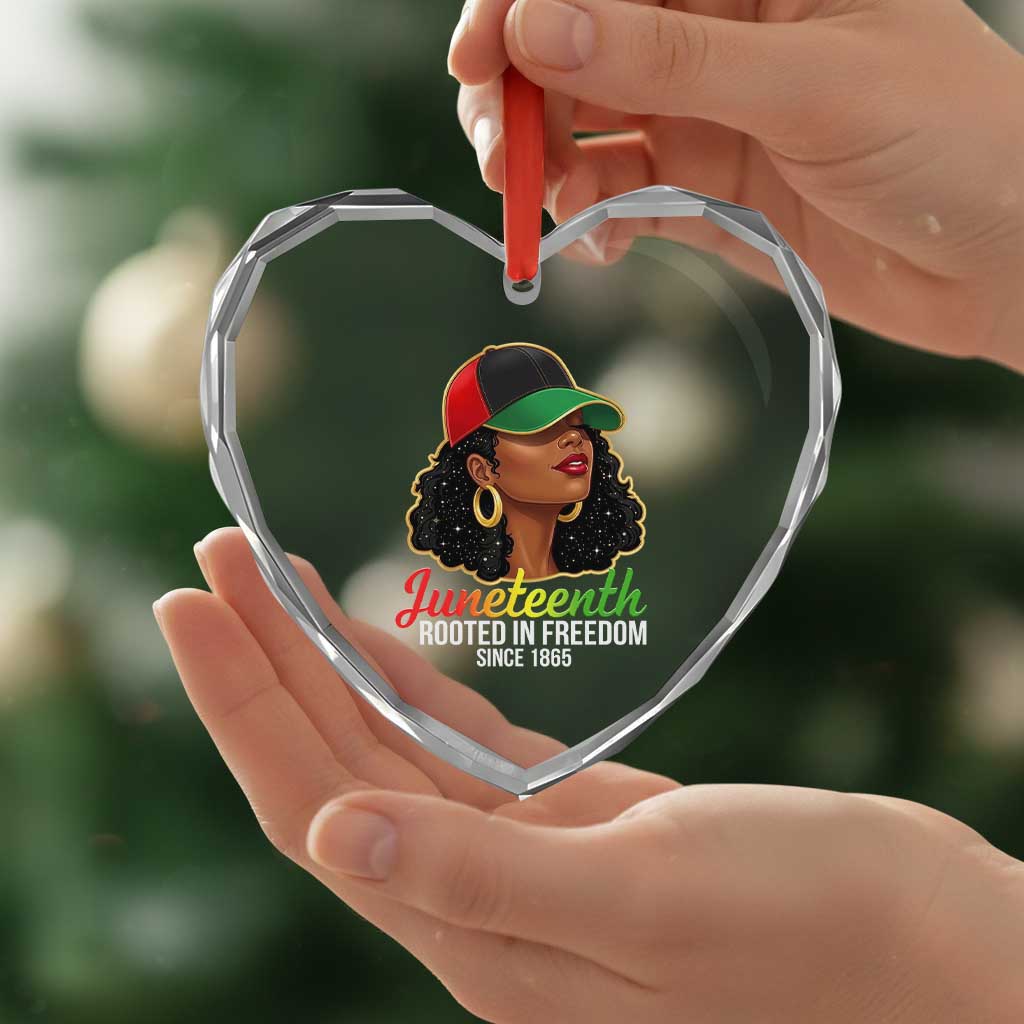 Black Woman Juneteenth Graphic Heart Crystal Glass Ornament Rooted In Freedom Since 1865