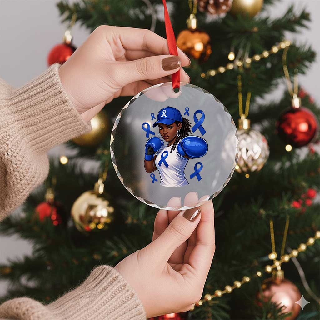 Black Women Fight Colon Cancer Blue Ribbon Crystal Glass Ornament African American Girls