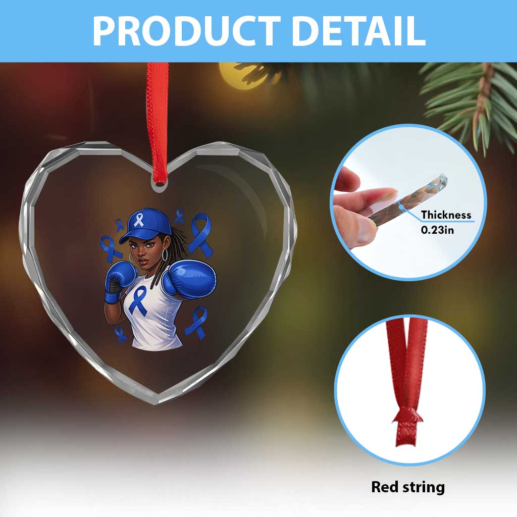 Black Women Fight Colon Cancer Blue Ribbon Heart Crystal Glass Ornament African American Girls