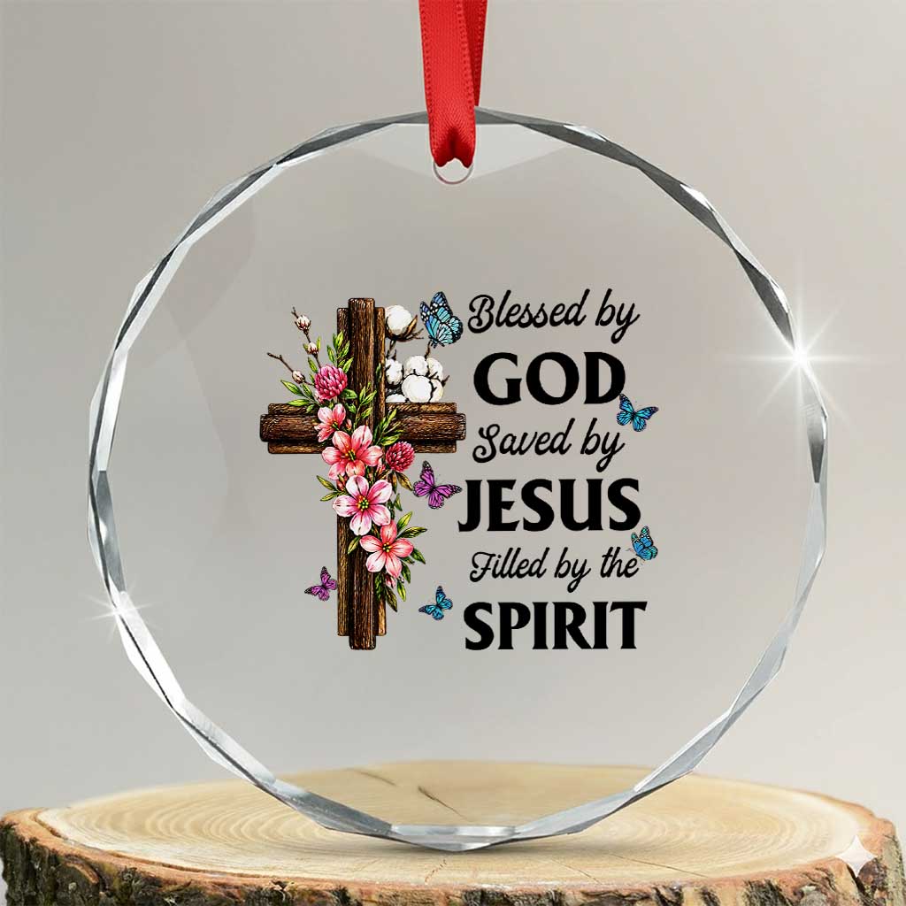 Blessed By God Saved By Jesus Crystal Glass Ornament Floral Cross Christian Faith Inspirational