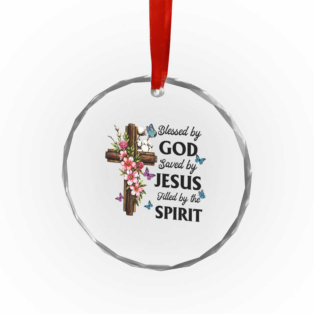 Blessed By God Saved By Jesus Crystal Glass Ornament Floral Cross Christian Faith Inspirational
